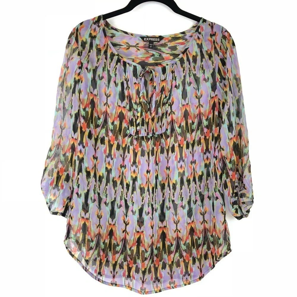 Express Tie Neck Semi Sheer Abstract Blouse Top S